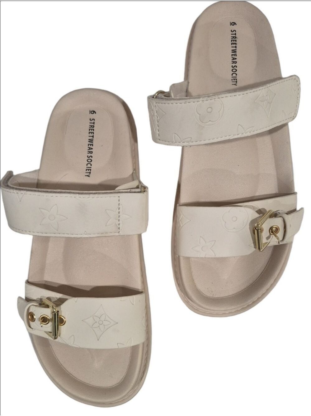 Streetwear Society Women's Cream Dual-Strap Slide Sandals with Gold Buckles